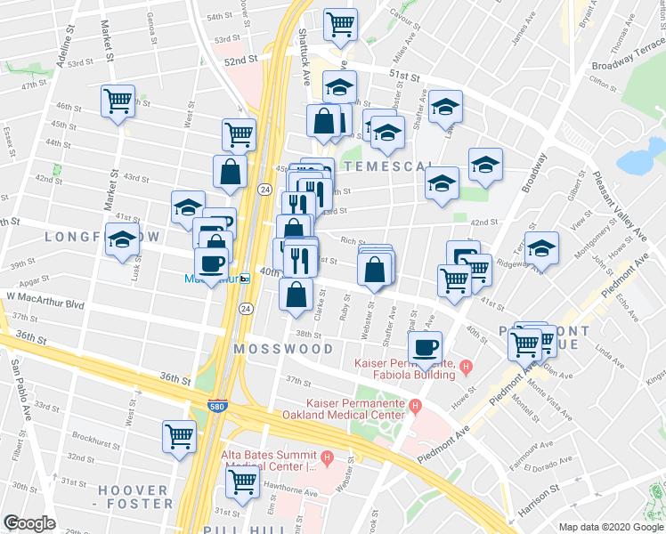 map of restaurants, bars, coffee shops, grocery stores, and more near in Oakland
