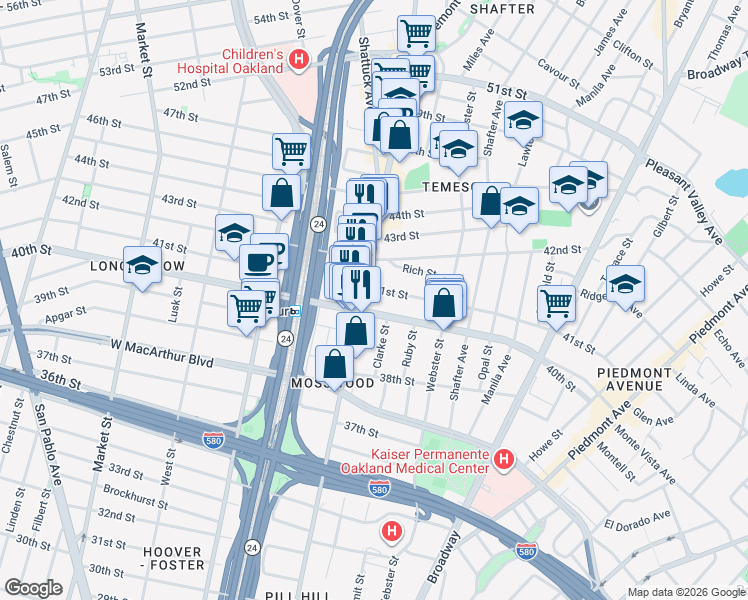 map of restaurants, bars, coffee shops, grocery stores, and more near in Oakland