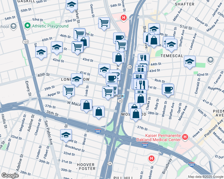 map of restaurants, bars, coffee shops, grocery stores, and more near 644 40th Street in Oakland