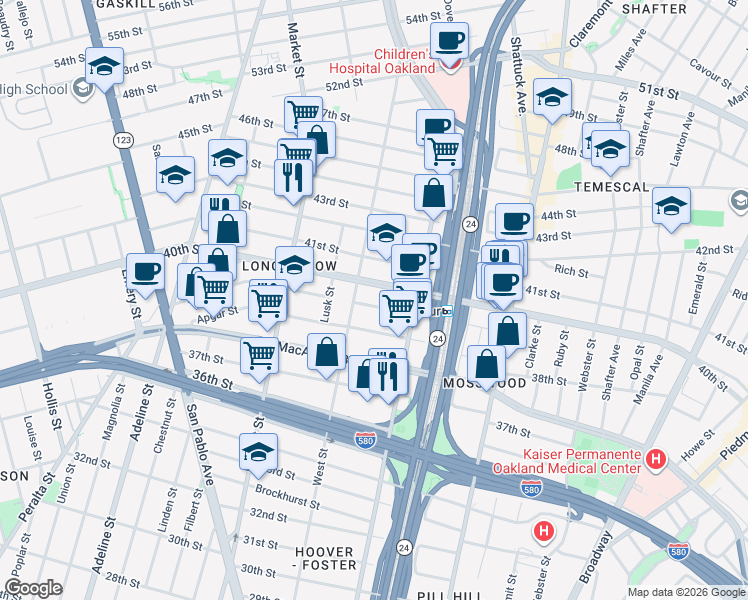 map of restaurants, bars, coffee shops, grocery stores, and more near 716 39th Street in Oakland