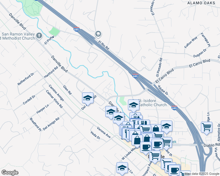 map of restaurants, bars, coffee shops, grocery stores, and more near 300 Garden Creek Place in Danville