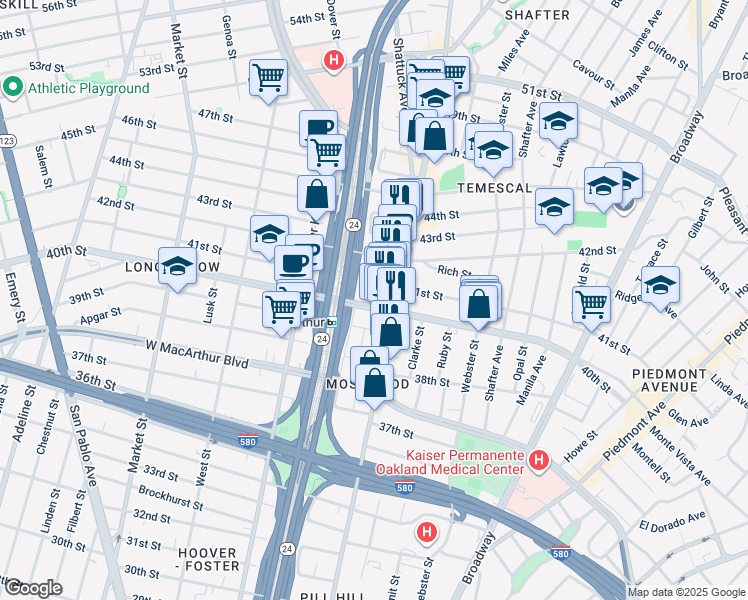 map of restaurants, bars, coffee shops, grocery stores, and more near 4013 Telegraph Avenue in Oakland