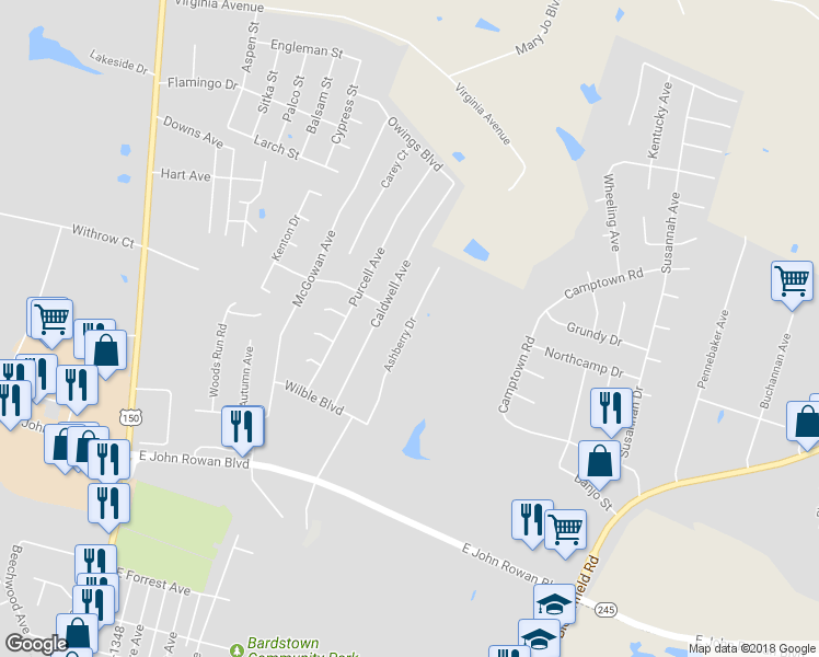 map of restaurants, bars, coffee shops, grocery stores, and more near 123 Ashberry Drive in Bardstown