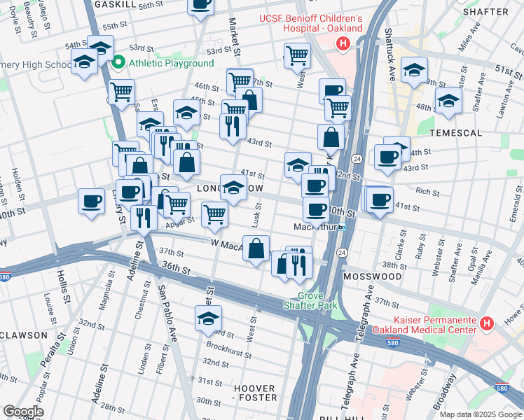 map of restaurants, bars, coffee shops, grocery stores, and more near 3906 Lusk Street in Oakland