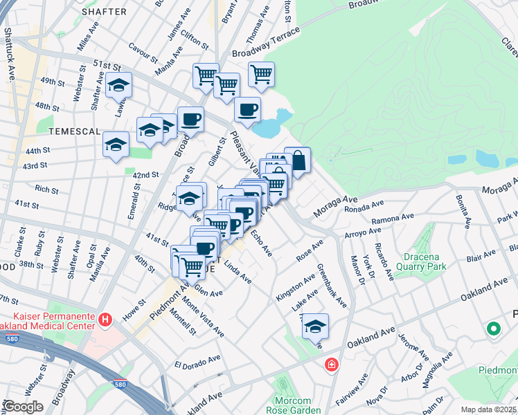 map of restaurants, bars, coffee shops, grocery stores, and more near 4341 Piedmont Avenue in Oakland