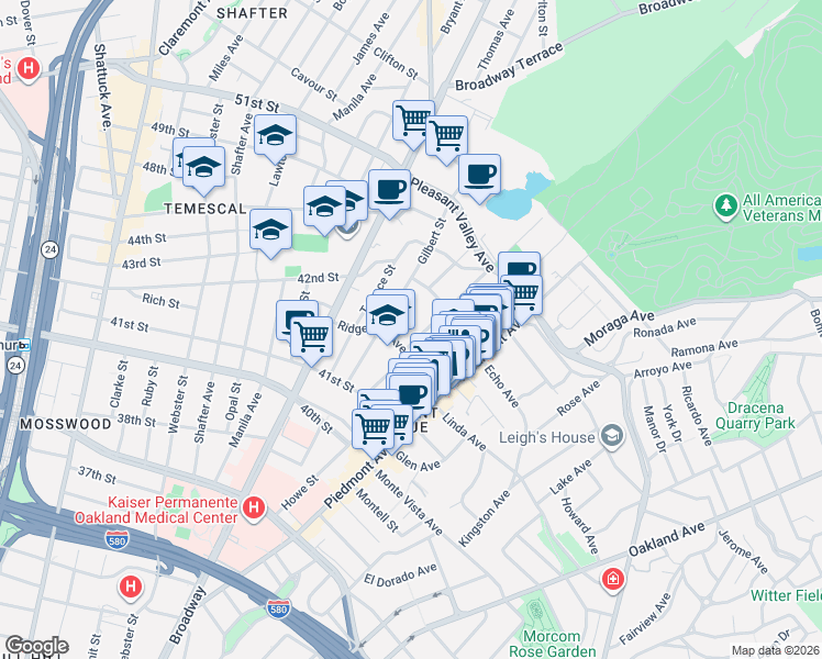 map of restaurants, bars, coffee shops, grocery stores, and more near 4237 Montgomery Street in Oakland