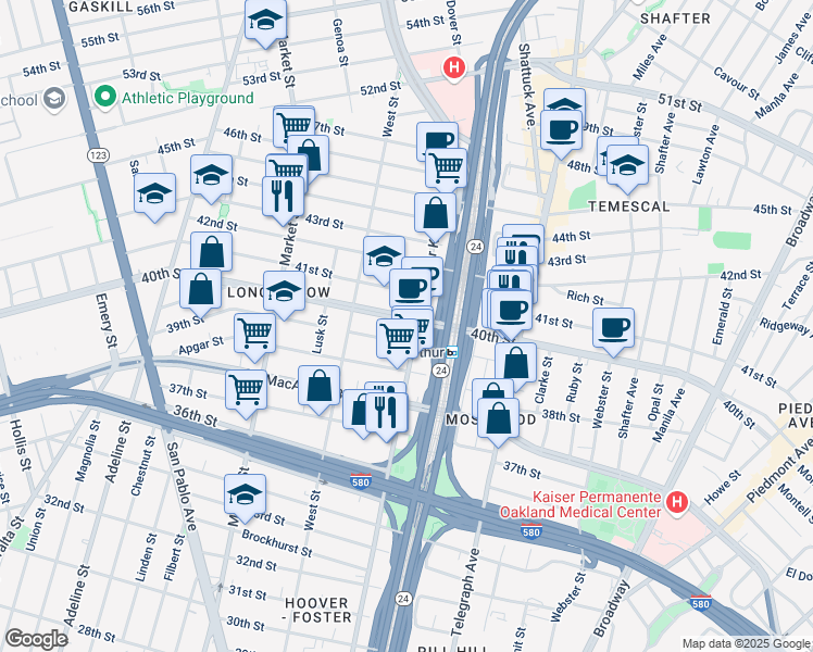 map of restaurants, bars, coffee shops, grocery stores, and more near 710 40th Street in Oakland
