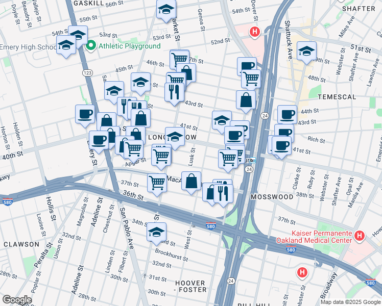 map of restaurants, bars, coffee shops, grocery stores, and more near 3919 Lusk Street in Oakland
