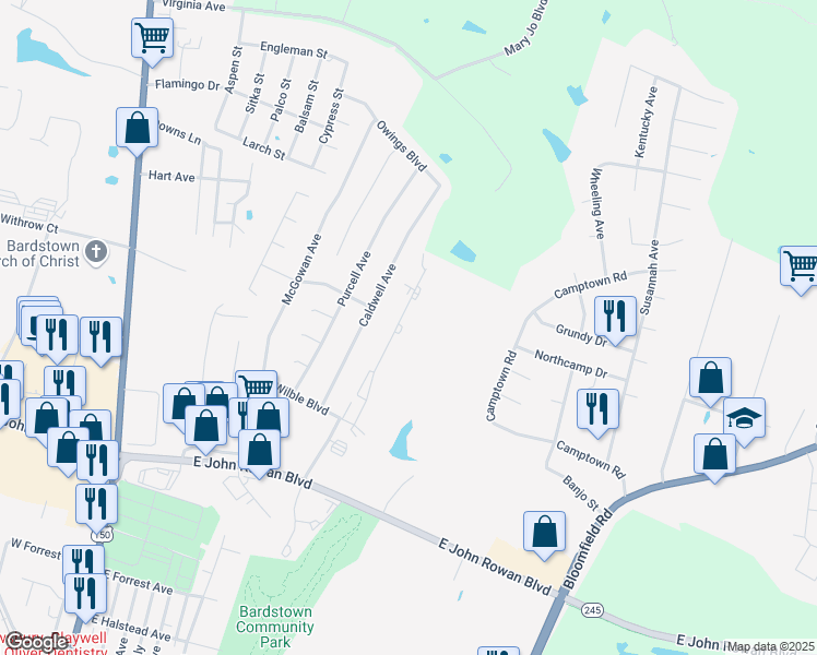 map of restaurants, bars, coffee shops, grocery stores, and more near 123 Ashberry Drive in Bardstown