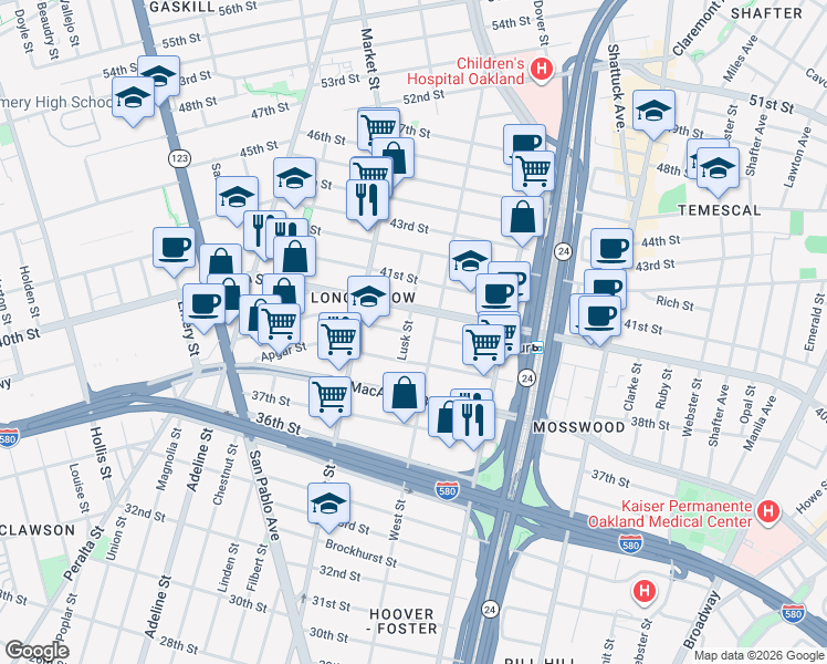 map of restaurants, bars, coffee shops, grocery stores, and more near 3906 Lusk Street in Oakland