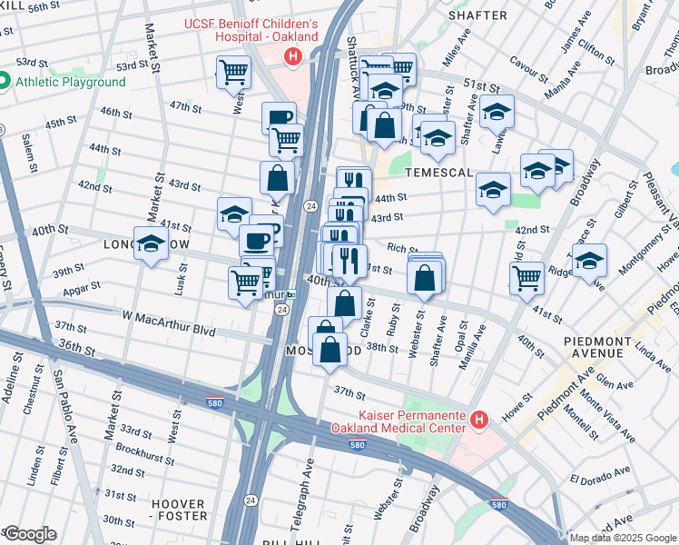 map of restaurants, bars, coffee shops, grocery stores, and more near 4013 Telegraph Avenue in Oakland