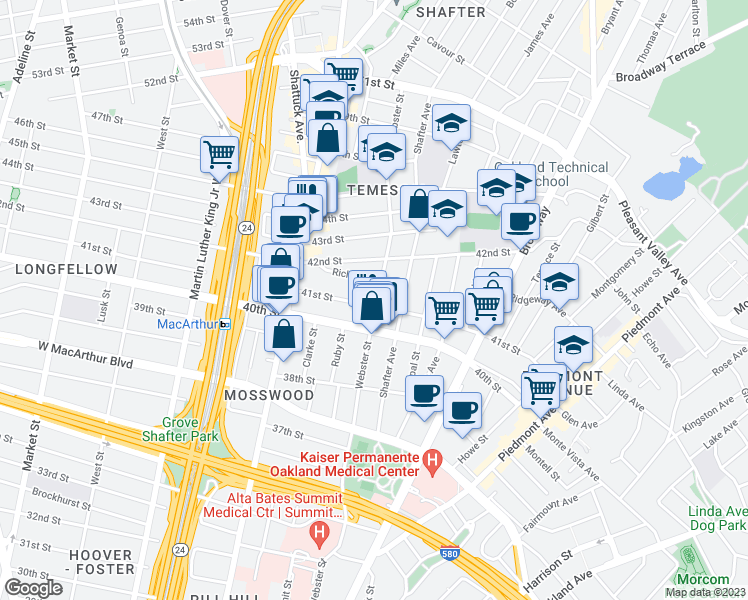 map of restaurants, bars, coffee shops, grocery stores, and more near 414 41st Street in Oakland