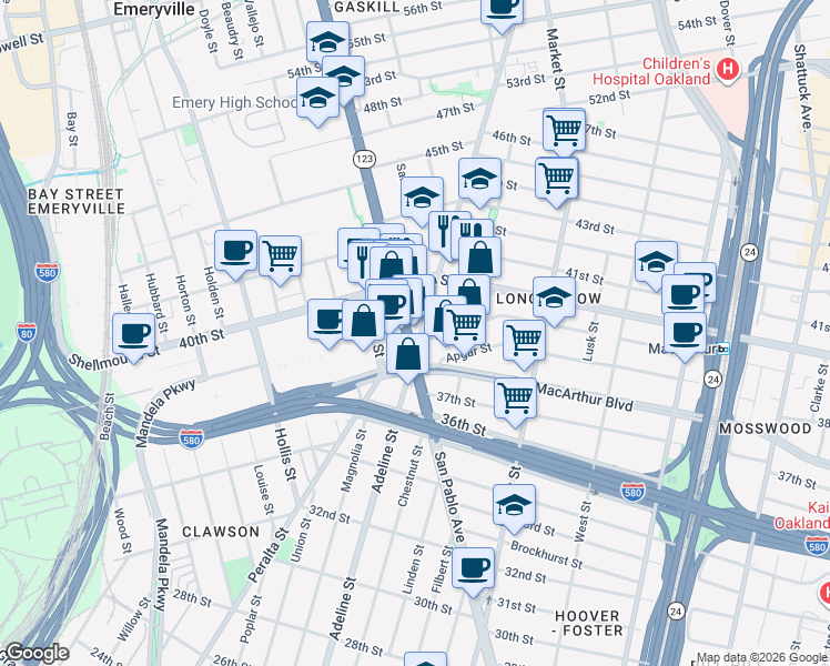 map of restaurants, bars, coffee shops, grocery stores, and more near 3908 Adeline Street in Emeryville