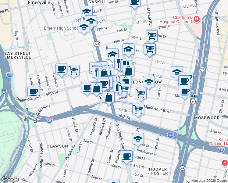 map of restaurants, bars, coffee shops, grocery stores, and more near 3900 Adeline Street in Emeryville