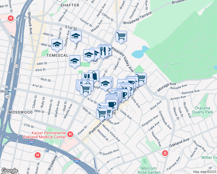 map of restaurants, bars, coffee shops, grocery stores, and more near 4216 Gilbert Street in Oakland