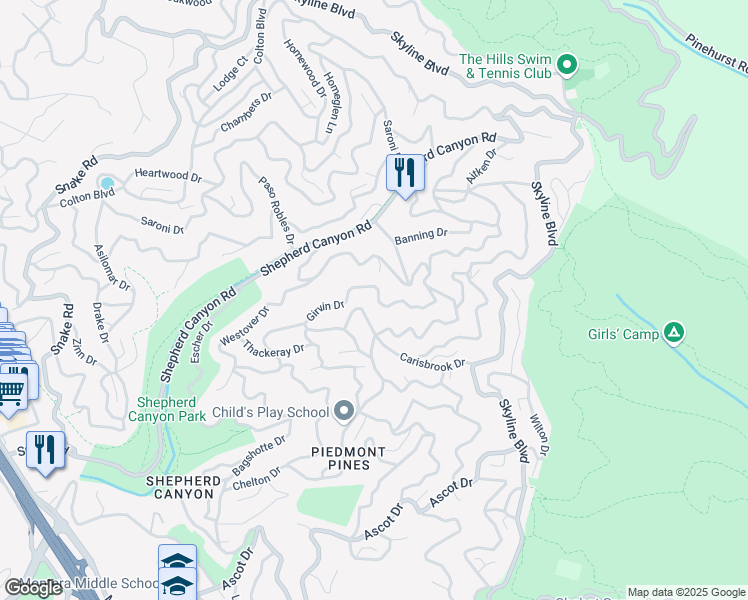 map of restaurants, bars, coffee shops, grocery stores, and more near 6494 Girvin Drive in Oakland