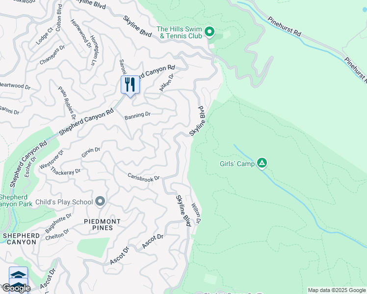 map of restaurants, bars, coffee shops, grocery stores, and more near 7039 Shirley Drive in Oakland