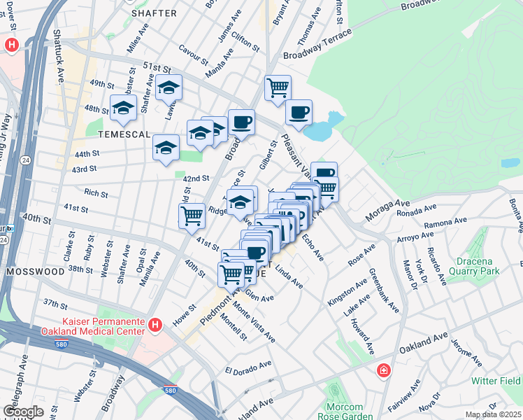 map of restaurants, bars, coffee shops, grocery stores, and more near 4237 Montgomery Street in Oakland