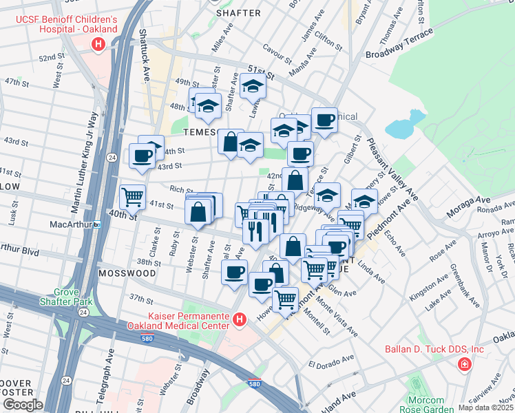 map of restaurants, bars, coffee shops, grocery stores, and more near 4141 Manila Avenue in Oakland