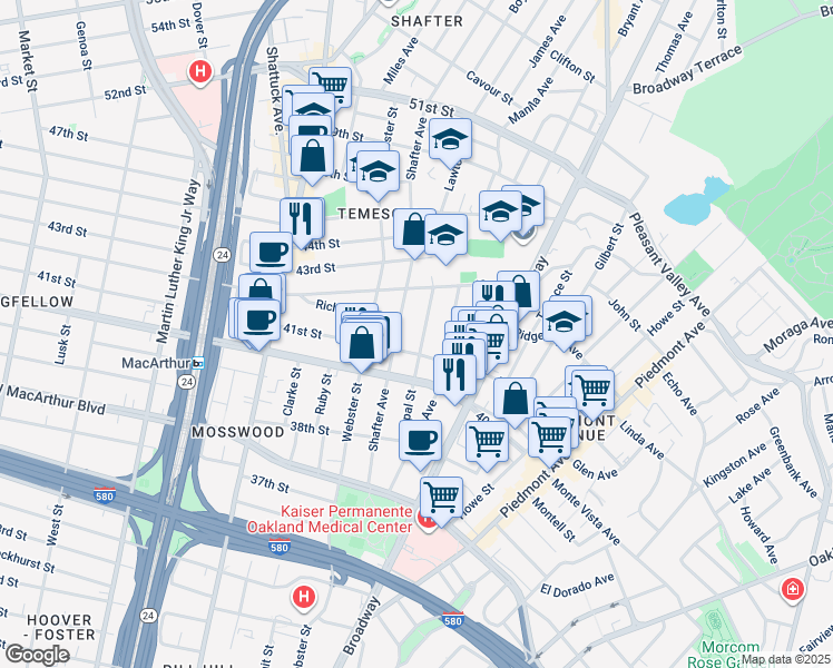 map of restaurants, bars, coffee shops, grocery stores, and more near 4164 Shafter Avenue in Oakland