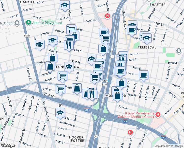 map of restaurants, bars, coffee shops, grocery stores, and more near 710 40th Street in Oakland