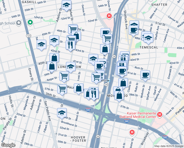 map of restaurants, bars, coffee shops, grocery stores, and more near 710 40th Street in Oakland