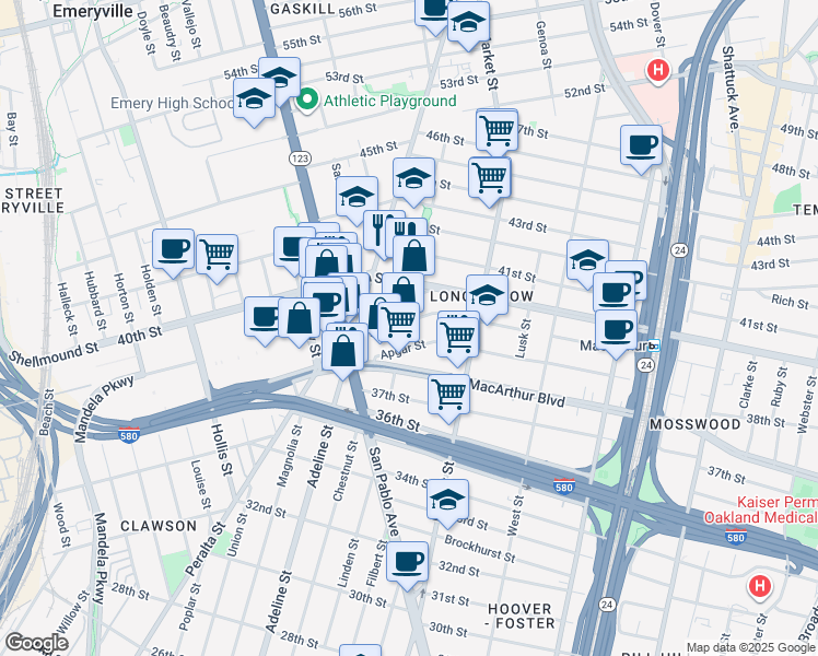 map of restaurants, bars, coffee shops, grocery stores, and more near 1000 39th Street in Oakland