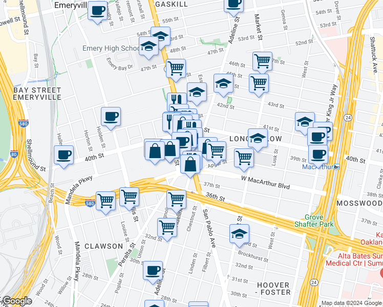 map of restaurants, bars, coffee shops, grocery stores, and more near 3889 San Pablo Avenue in Emeryville
