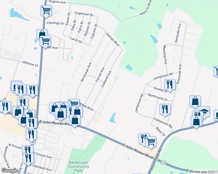 map of restaurants, bars, coffee shops, grocery stores, and more near 123 Ashberry Drive in Bardstown