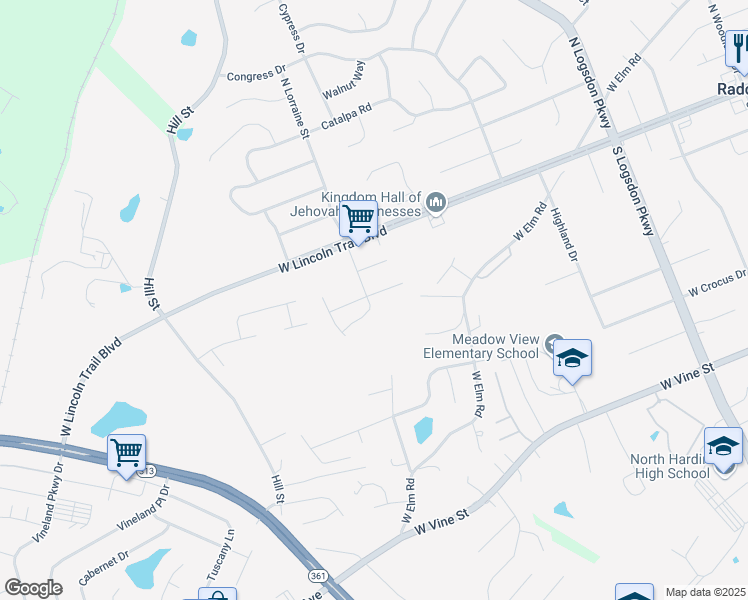 map of restaurants, bars, coffee shops, grocery stores, and more near 112 Ash Court in Radcliff