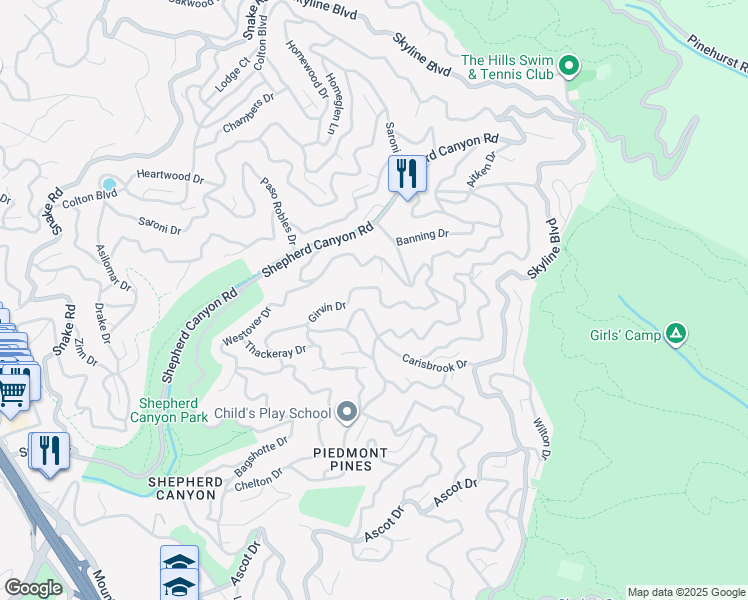 map of restaurants, bars, coffee shops, grocery stores, and more near 6494 Girvin Drive in Oakland