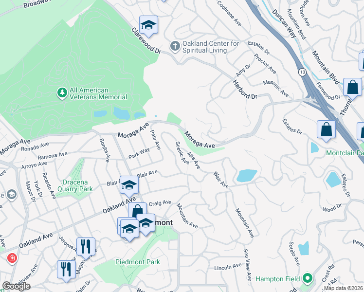 map of restaurants, bars, coffee shops, grocery stores, and more near 295 Scenic Avenue in Piedmont