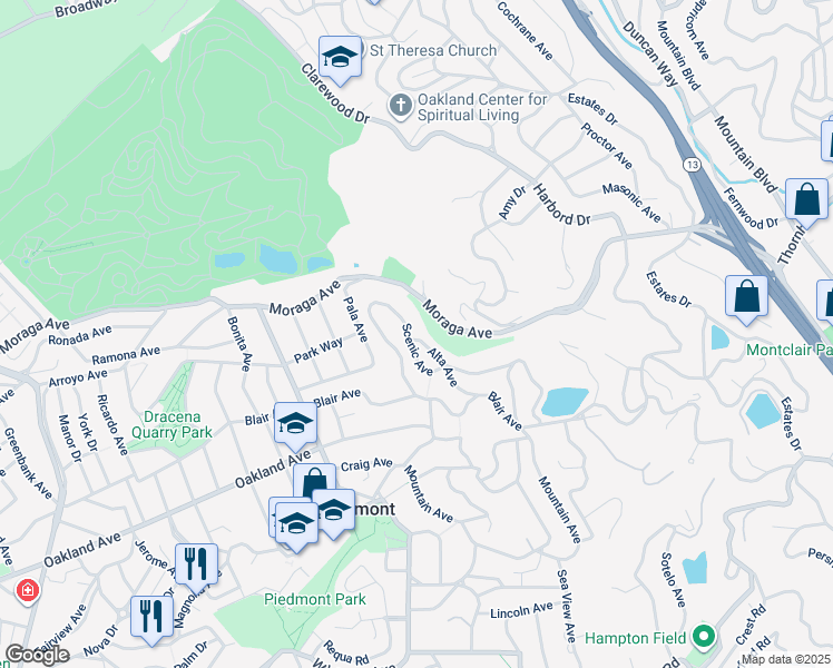 map of restaurants, bars, coffee shops, grocery stores, and more near 295 Scenic Avenue in Piedmont