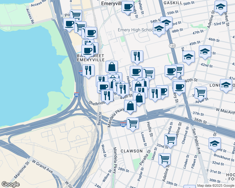 map of restaurants, bars, coffee shops, grocery stores, and more near 1501 Park Avenue in Emeryville