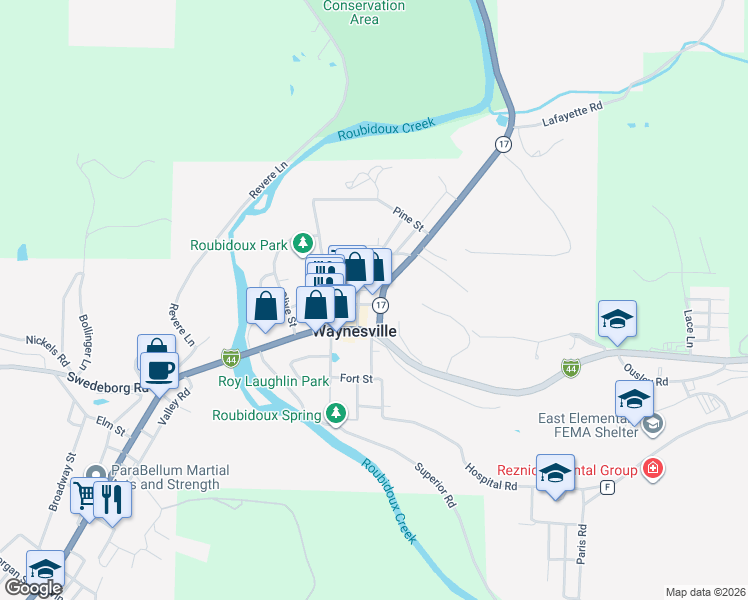 map of restaurants, bars, coffee shops, grocery stores, and more near 208 North Lynn Street in Waynesville