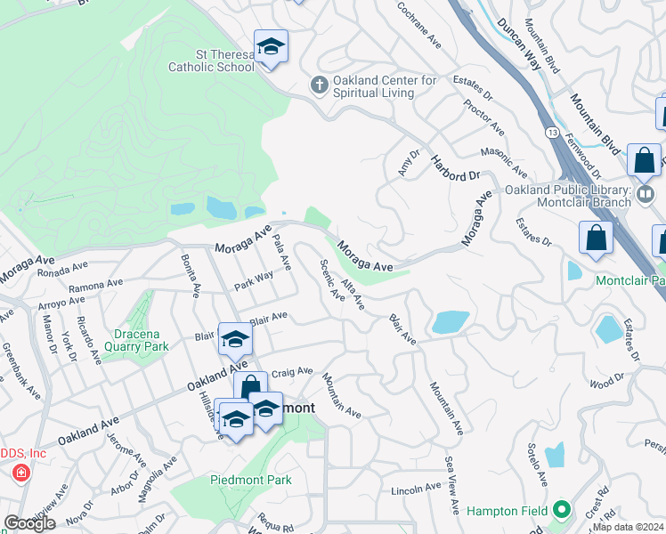 map of restaurants, bars, coffee shops, grocery stores, and more near 295 Scenic Avenue in Piedmont