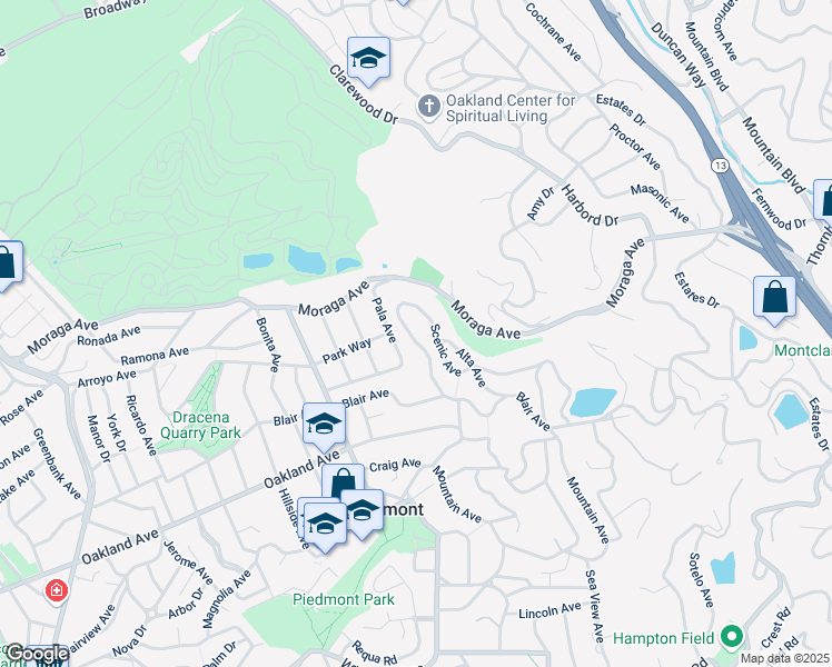 map of restaurants, bars, coffee shops, grocery stores, and more near 220 Scenic Avenue in Piedmont