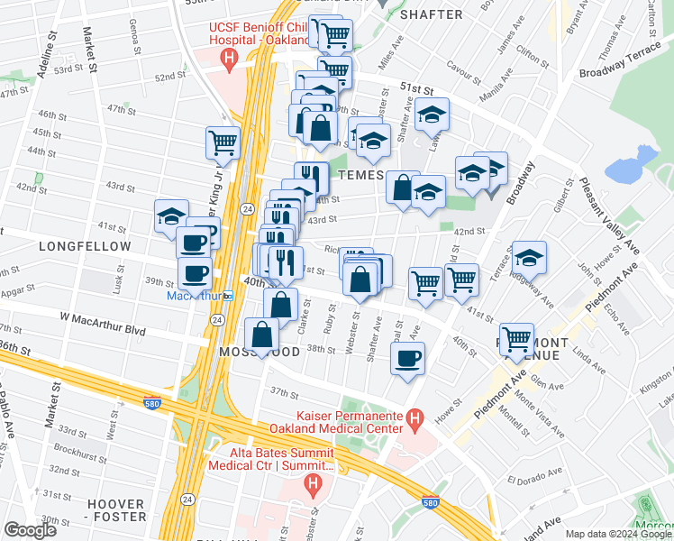 map of restaurants, bars, coffee shops, grocery stores, and more near 462 41st Street in Oakland