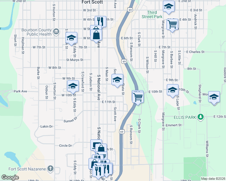 map of restaurants, bars, coffee shops, grocery stores, and more near 1005 South Main Street in Fort Scott