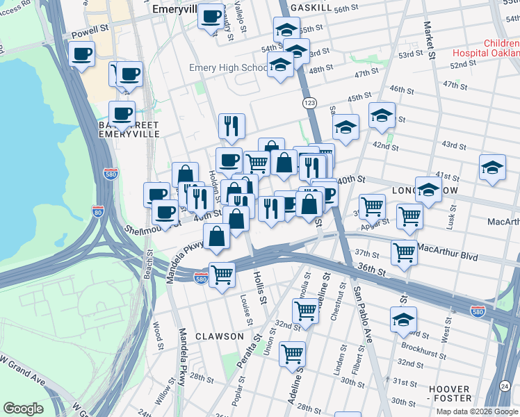 map of restaurants, bars, coffee shops, grocery stores, and more near 1325 40th Street in Emeryville