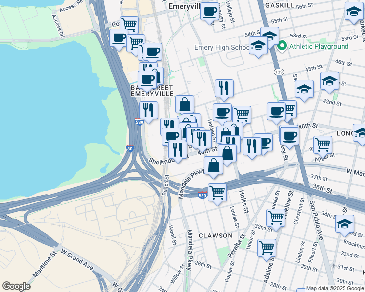 map of restaurants, bars, coffee shops, grocery stores, and more near 1501 Park Avenue in Emeryville