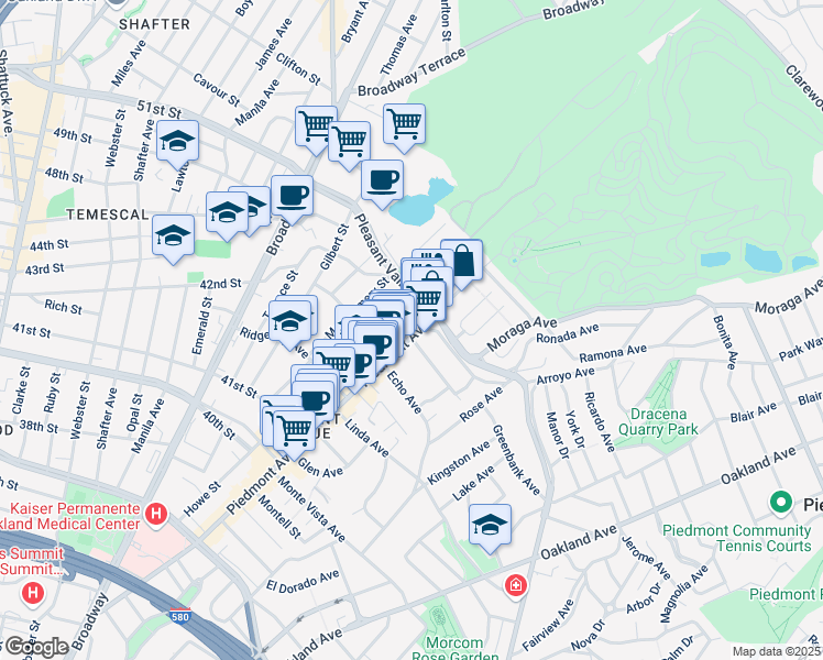 map of restaurants, bars, coffee shops, grocery stores, and more near 4341 Piedmont Avenue in Oakland