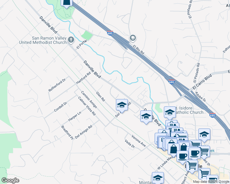 map of restaurants, bars, coffee shops, grocery stores, and more near 708 Las Barrancas Drive in Danville