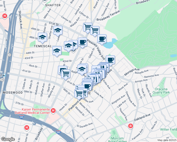 map of restaurants, bars, coffee shops, grocery stores, and more near 4231 Montgomery Street in Oakland