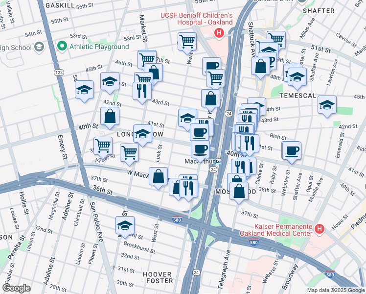 map of restaurants, bars, coffee shops, grocery stores, and more near 710 40th Street in Oakland