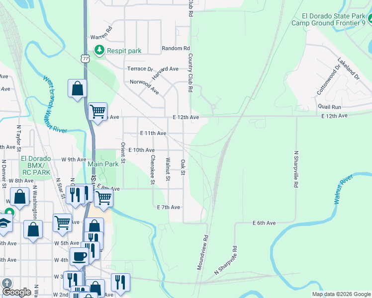map of restaurants, bars, coffee shops, grocery stores, and more near 1109-1121 Oak Street in El Dorado