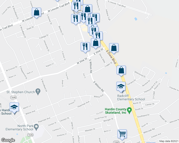 map of restaurants, bars, coffee shops, grocery stores, and more near 815 South Wilson Road in Radcliff