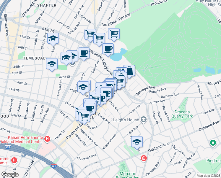 map of restaurants, bars, coffee shops, grocery stores, and more near 4341 Piedmont Avenue in Oakland
