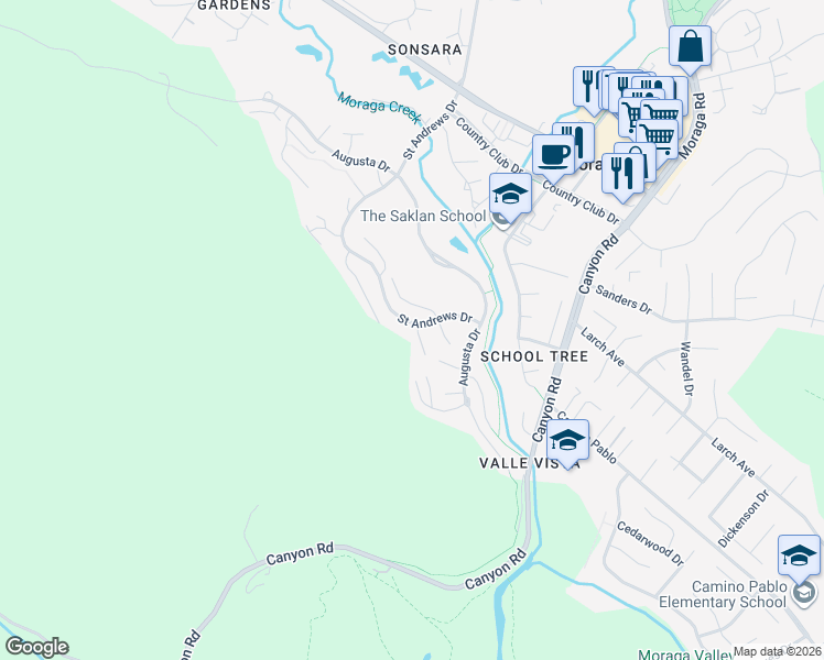 map of restaurants, bars, coffee shops, grocery stores, and more near 20 Broadmoor Street in Moraga
