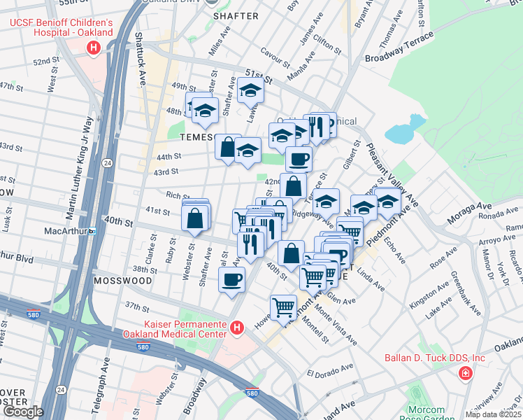 map of restaurants, bars, coffee shops, grocery stores, and more near 4135 Emerald Street in Oakland
